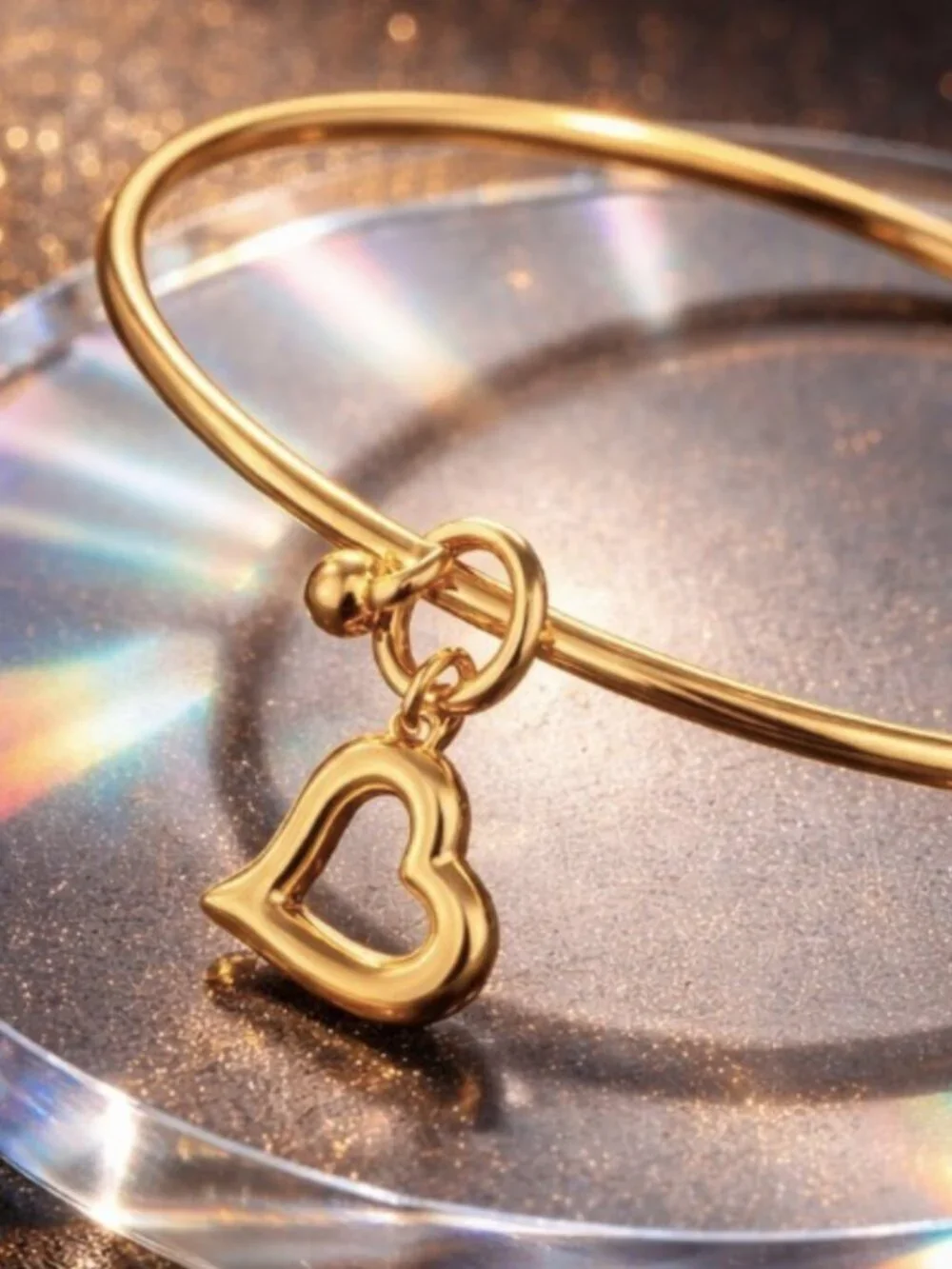 Hollow Heart Charm Bangle Dainty Bracelet 18K Gold Plated 316L Stainless Steel - Picture 11 of 11
